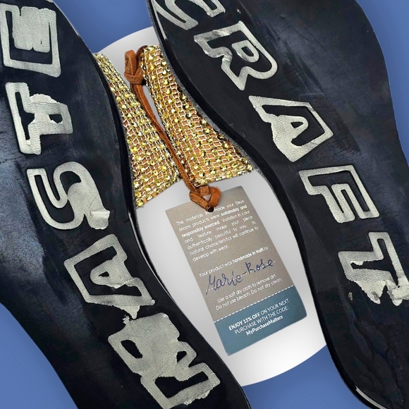 🆕 Boho Luxe Crystal Slides Deux Mains Handmade Haiti 100% Leather Eco Sandals - Picture 6 of 14